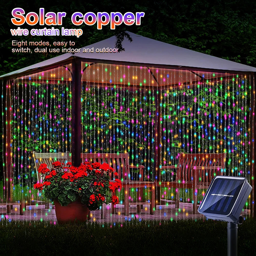 300 LED Solar Outdoor Curtain Light - 8 Modes