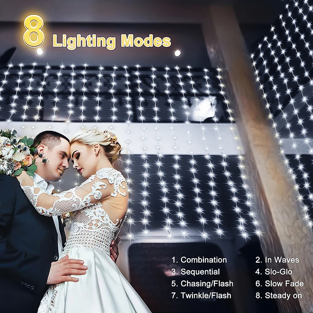 300 LED Solar Outdoor Curtain Light - 8 Modes