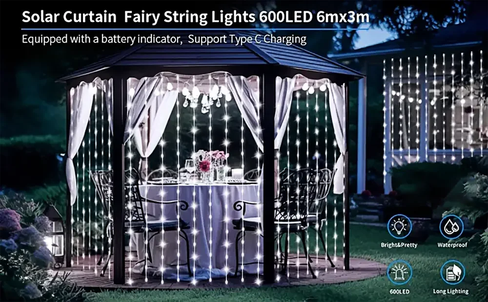 300 LED Solar Outdoor Curtain Light - 8 Modes