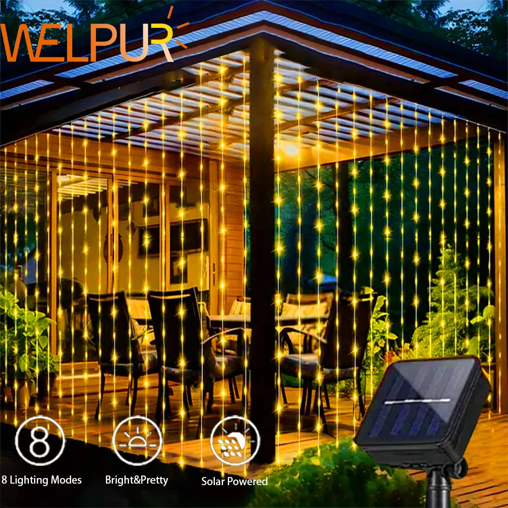 300 LED Solar Outdoor Curtain Light - 8 Modes