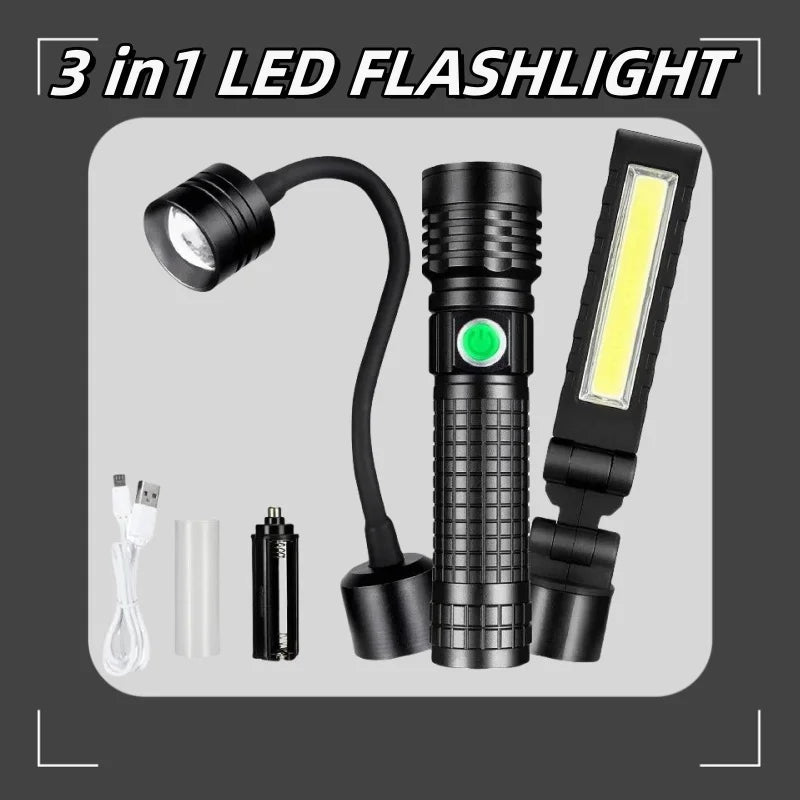 3-In-1 USB Rechargeable LED Flashlight Set