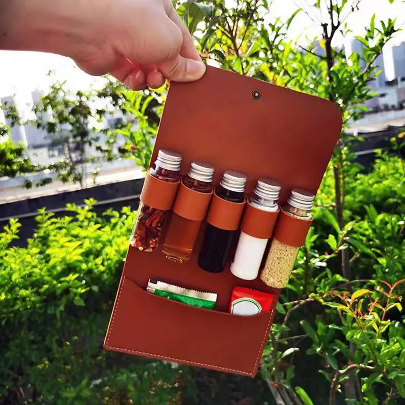 Portable Outdoor BBQ Picnic Kit - With Leather Storage Bag & Seasoning Spices