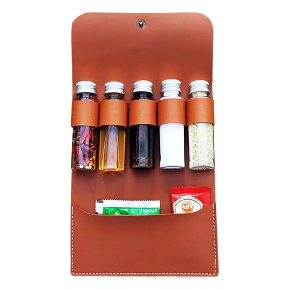 Portable Outdoor BBQ Picnic Kit - With Leather Storage Bag & Seasoning Spices