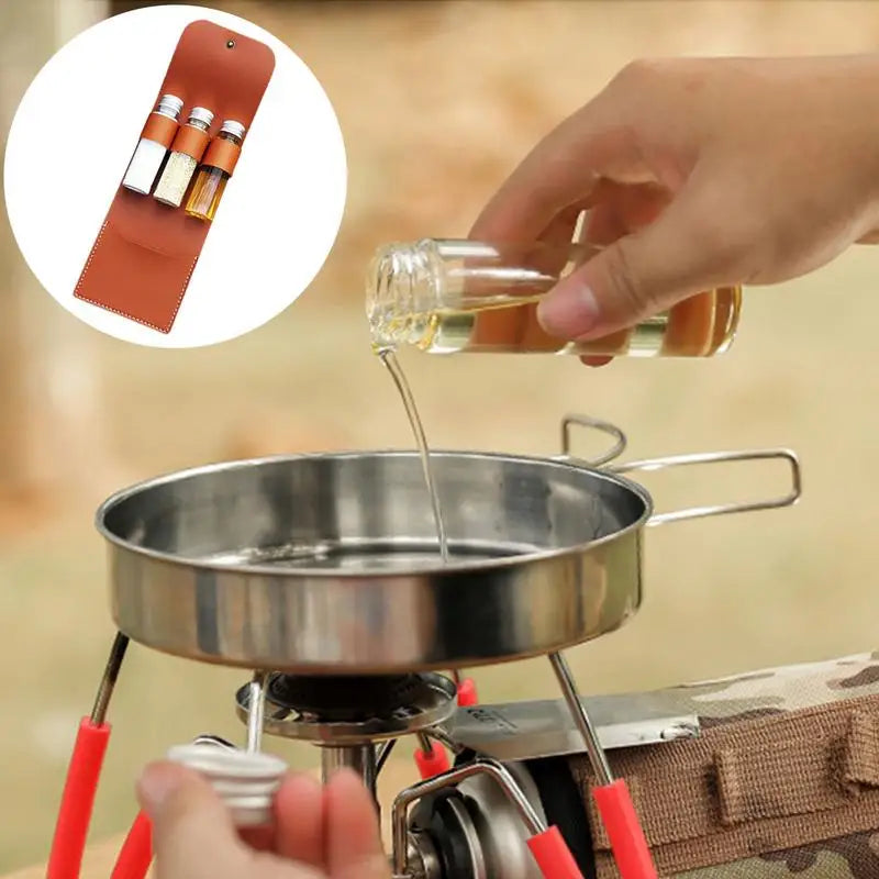 Portable Outdoor BBQ Picnic Kit - With Leather Storage Bag & Seasoning Spices
