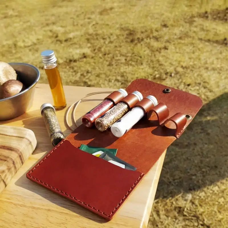 Portable Outdoor BBQ Picnic Kit - With Leather Storage Bag & Seasoning Spices