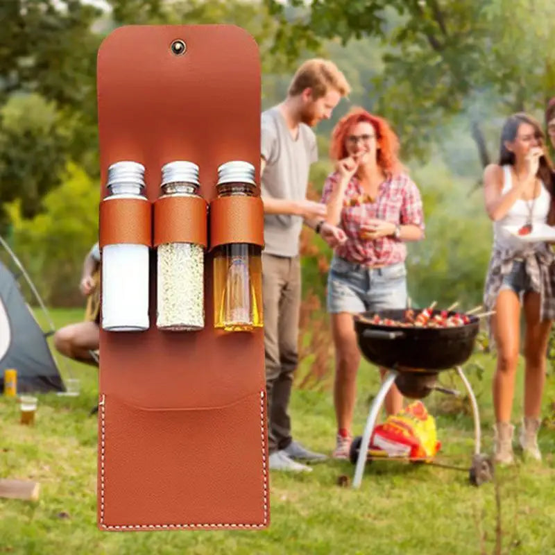 Portable Outdoor BBQ Picnic Kit - With Leather Storage Bag & Seasoning Spices