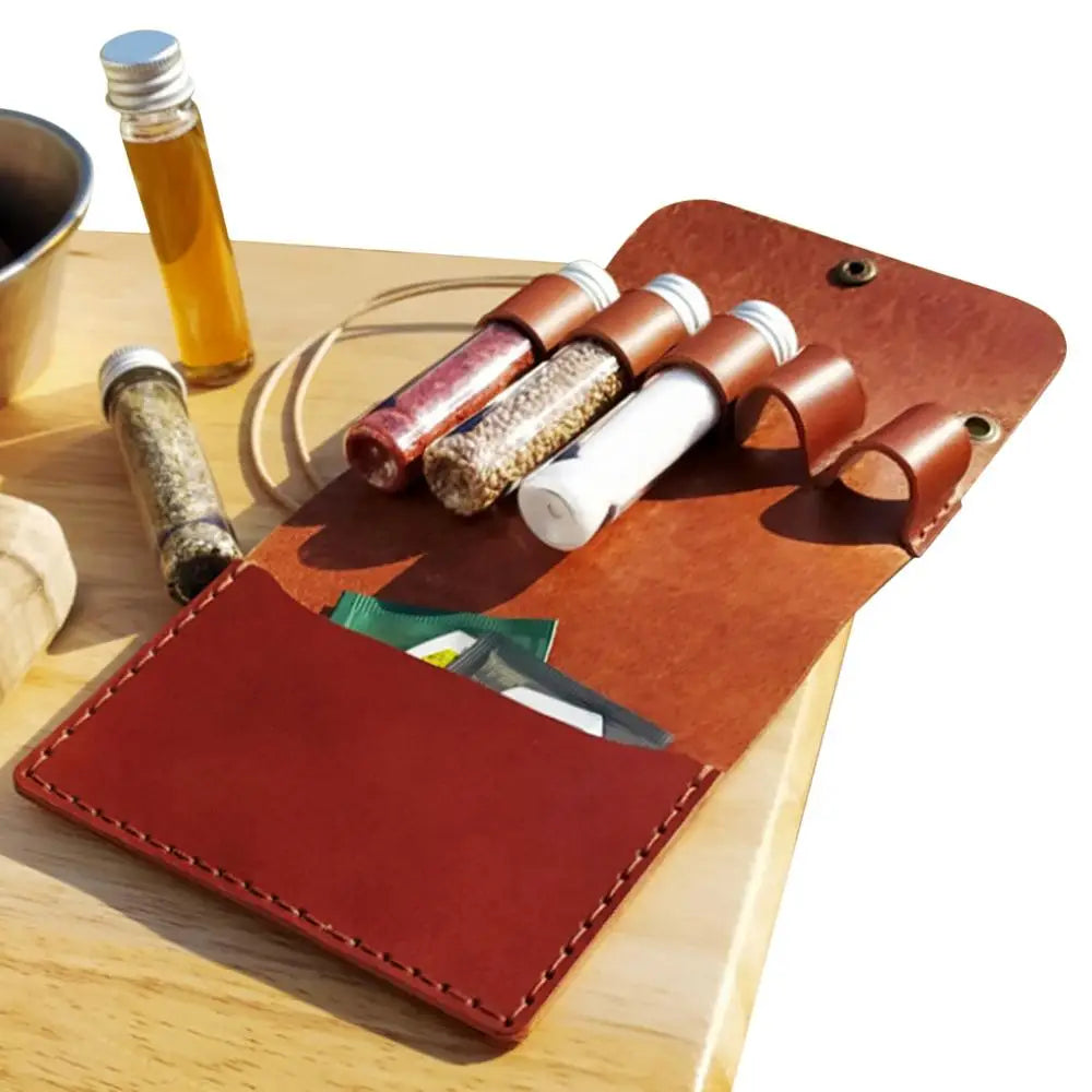 Portable Outdoor BBQ Picnic Kit - With Leather Storage Bag & Seasoning Spices