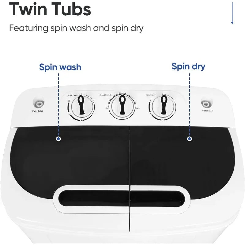 Portable Mini Washing Machine - Twin Tub, 13lbs Capacity with Spin Dryer